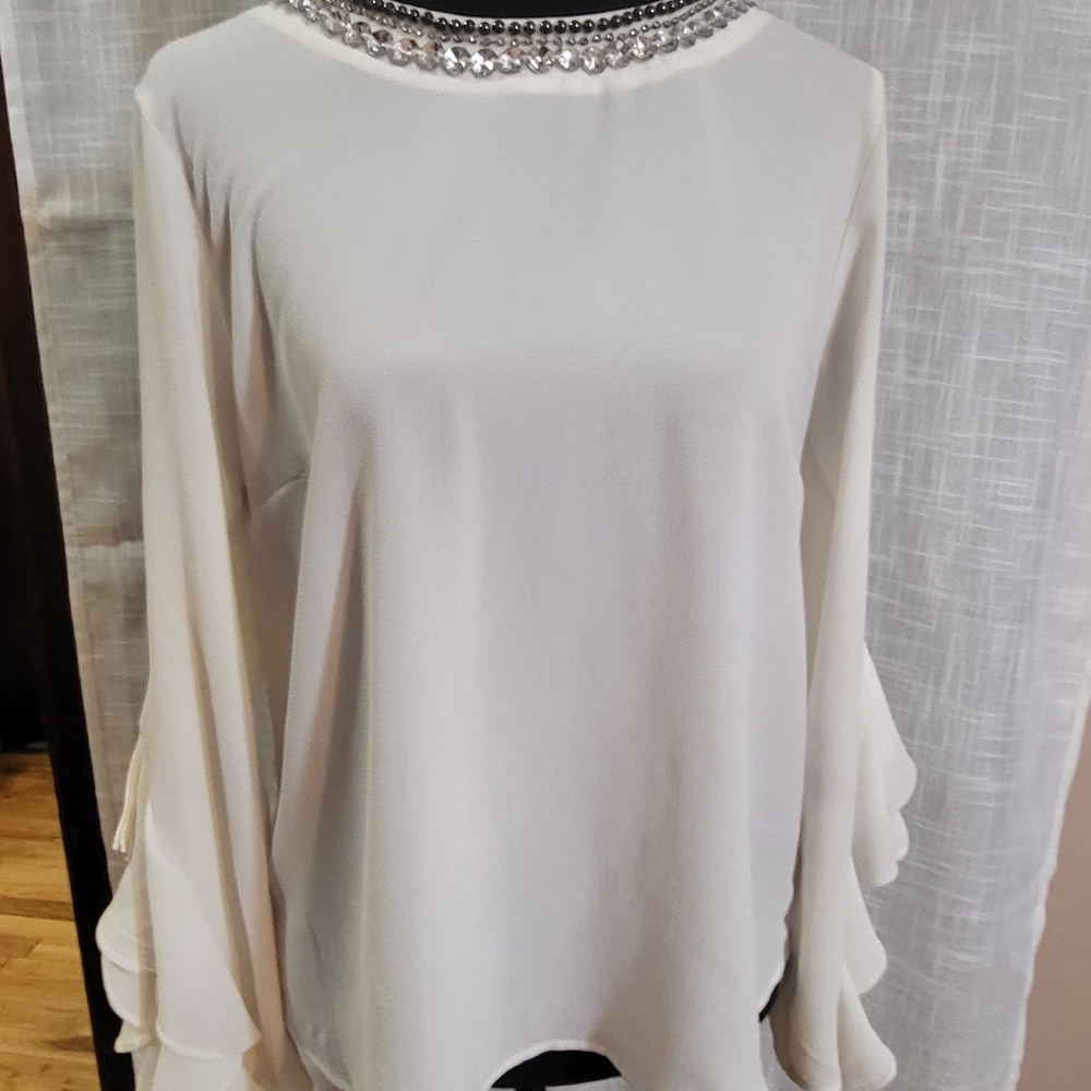 White Blouse with Jewel Neckline Free Shipping